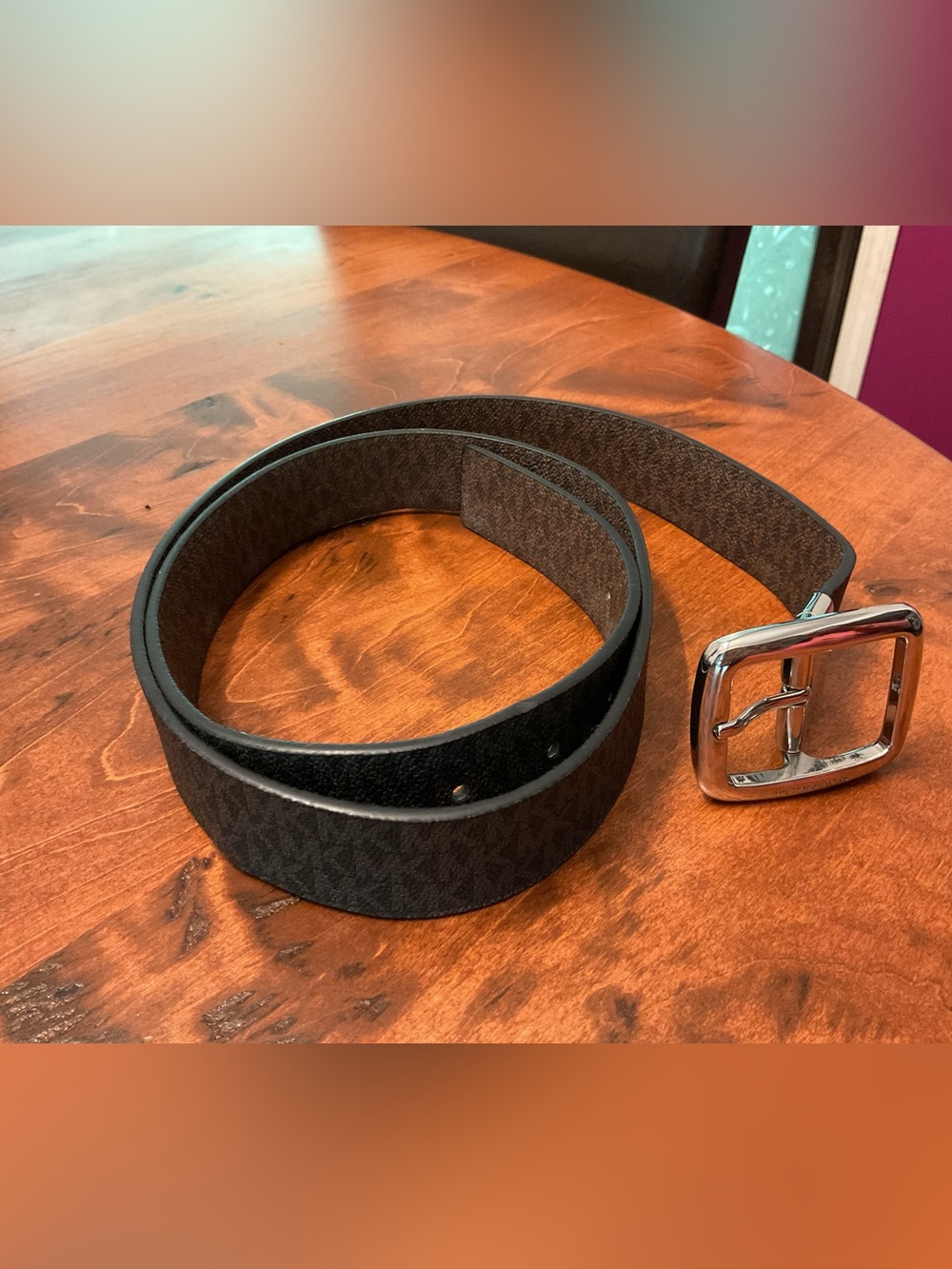 Michael Kors Black Signature Pattern Reversible Belt with Silver Buckle